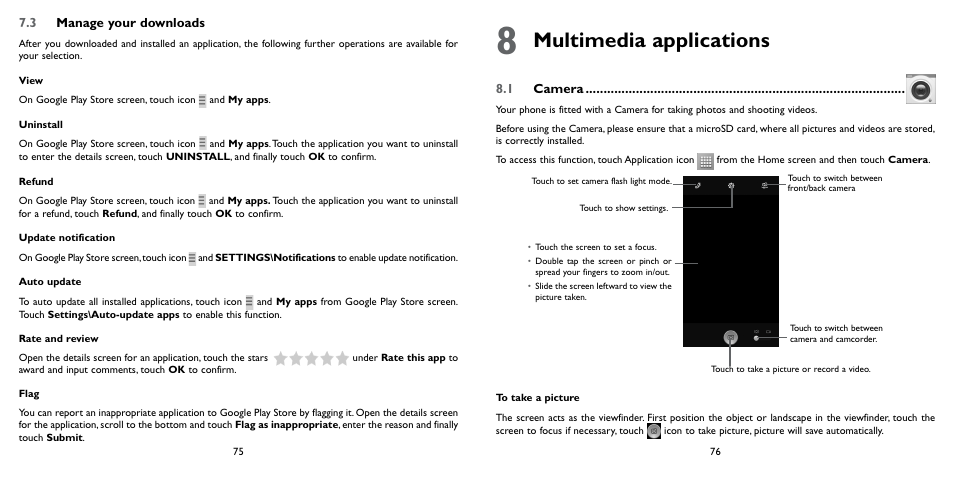 3 manage your downloads, 8 multimedia applications, 1 camera | Multimedia applications | Alcatel ONE TOUCH Fierce 2 User Manual | Page 39 / 68