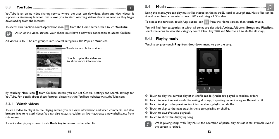 3 youtube, 4 music, 3 youtube 8.4 music | Alcatel ONE TOUCH Fierce 2 User Manual | Page 42 / 68