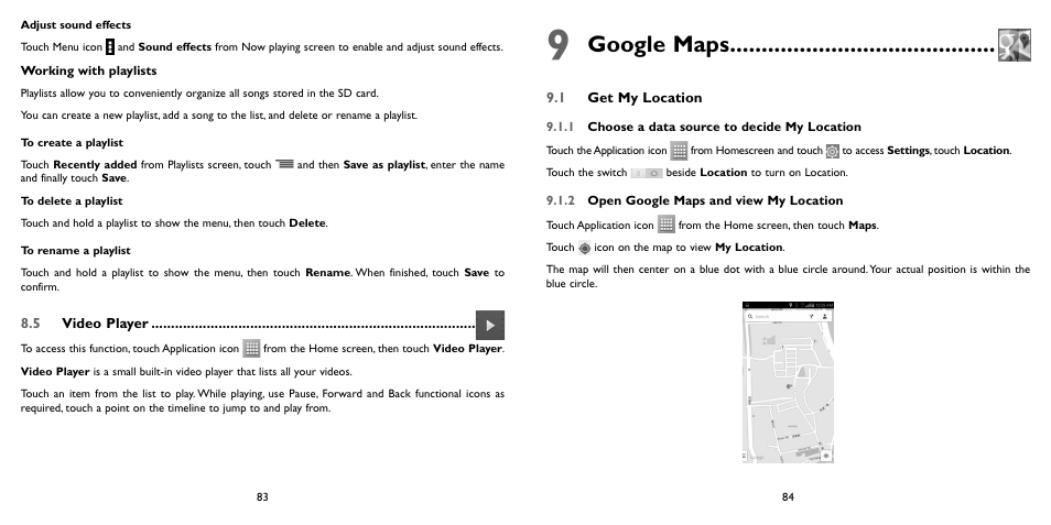5 video player, 9 google maps, 1 get my location | Google maps | Alcatel ONE TOUCH Fierce 2 User Manual | Page 43 / 68