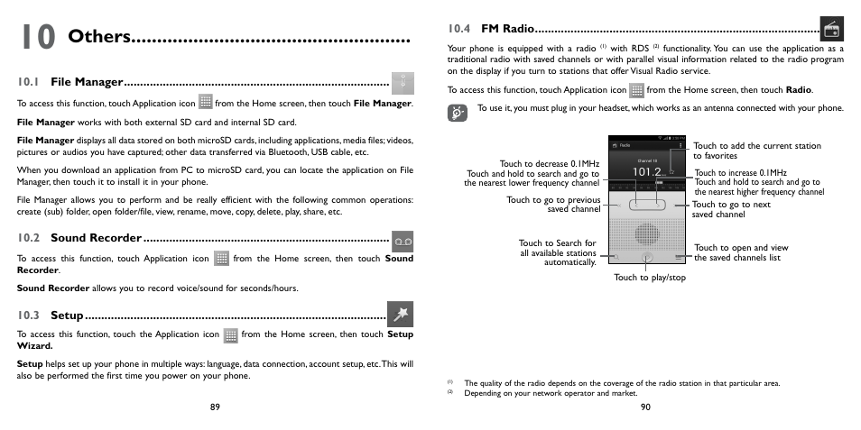 10 others, 1 file manager, 2 sound recorder | 3 setup, 4 fm radio, Others | Alcatel ONE TOUCH Fierce 2 User Manual | Page 46 / 68