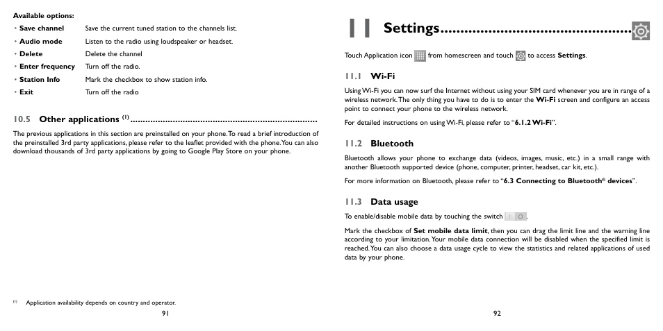 5 other applications, 11 settings, 1 wi-fi | 2 bluetooth, 3 data usage, 1 wi-fi 11.2 bluetooth 11.3 data usage, Settings | Alcatel ONE TOUCH Fierce 2 User Manual | Page 47 / 68