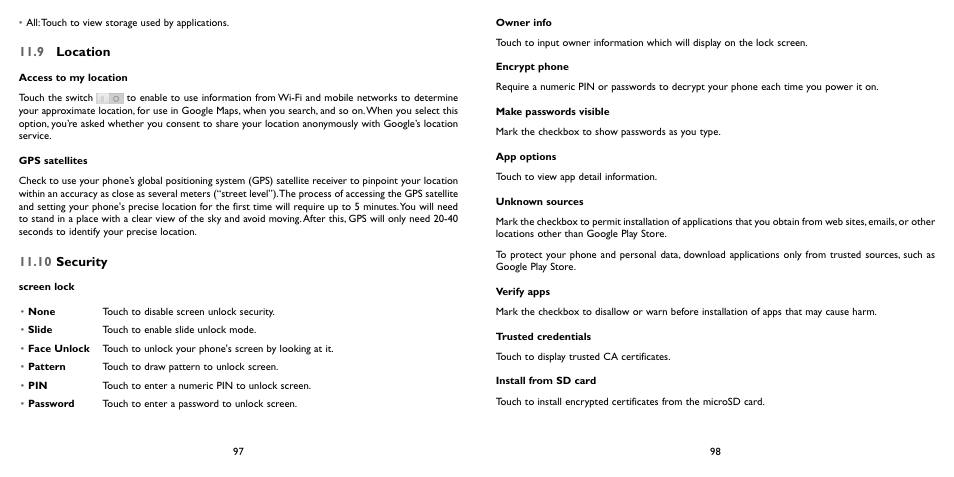9 location, 10 security, 9 location 11.10 security | Alcatel ONE TOUCH Fierce 2 User Manual | Page 50 / 68