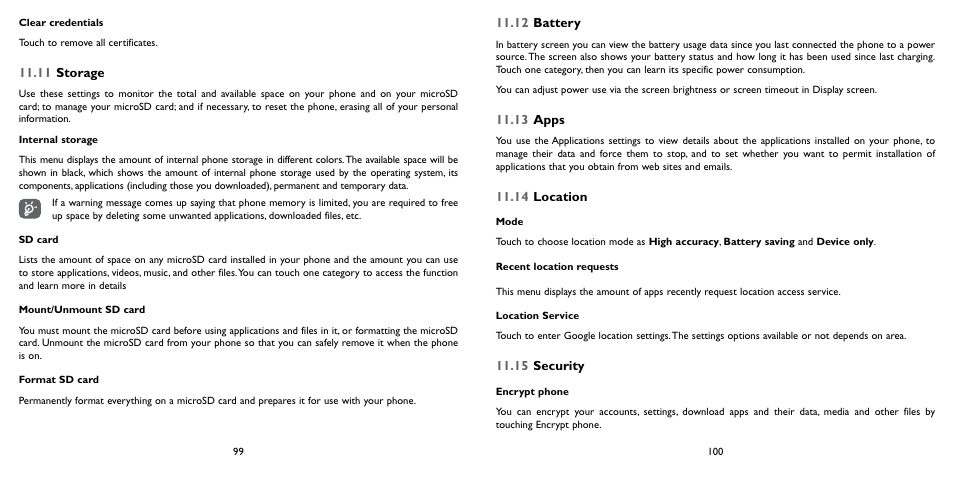 11 storage, 12 battery, 13 apps | 14 location, 15 security | Alcatel ONE TOUCH Fierce 2 User Manual | Page 51 / 68