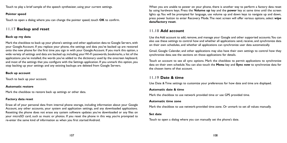17 backup and reset, 18 add account, 19 date & time | Alcatel ONE TOUCH Fierce 2 User Manual | Page 55 / 68