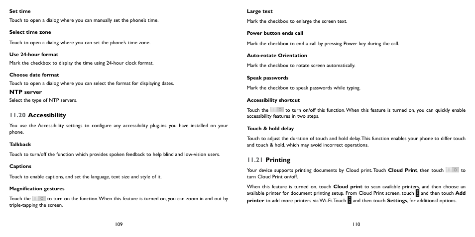 20 accessibility, 21 printing, 20 accessibility 11.21 printing | Alcatel ONE TOUCH Fierce 2 User Manual | Page 56 / 68