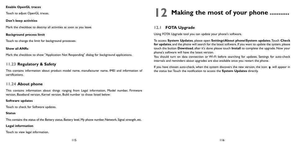 23 regulatory & safety, 24 about phone, 12 making the most of your phone | 1 fota upgrade, 23 regulatory & safety 11.24 about phone, 12 making the most of your phone, Making the most of your phone | Alcatel ONE TOUCH Fierce 2 User Manual | Page 59 / 68