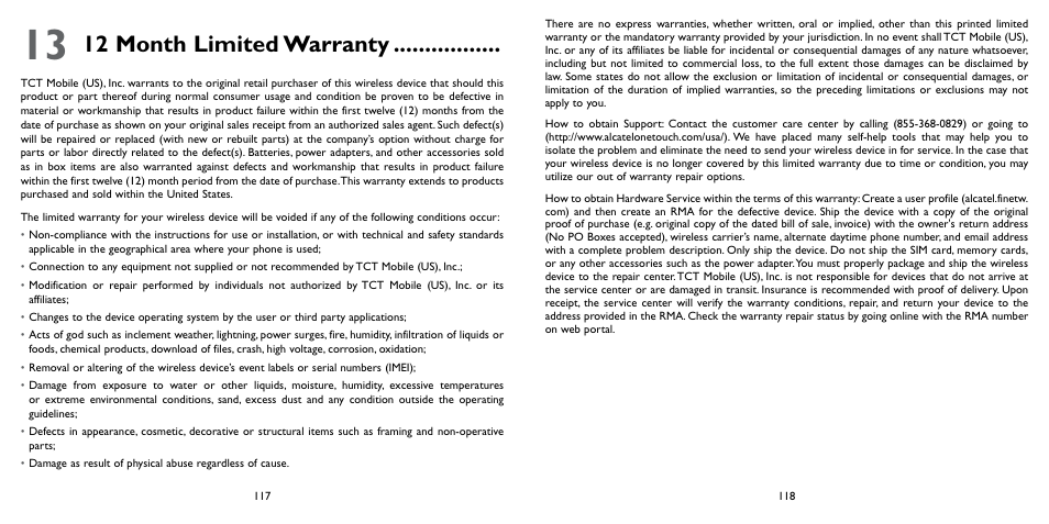 13 12 month limited warranty, 12 month limited warranty | Alcatel ONE TOUCH Fierce 2 User Manual | Page 60 / 68