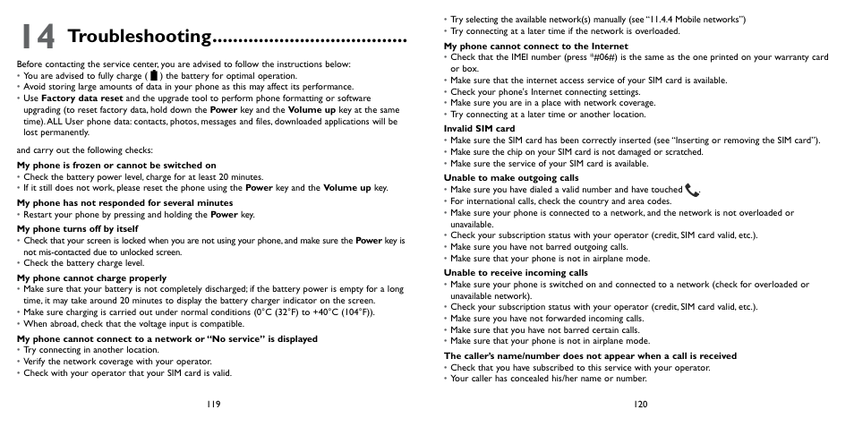 14 troubleshooting, Troubleshooting | Alcatel ONE TOUCH Fierce 2 User Manual | Page 61 / 68