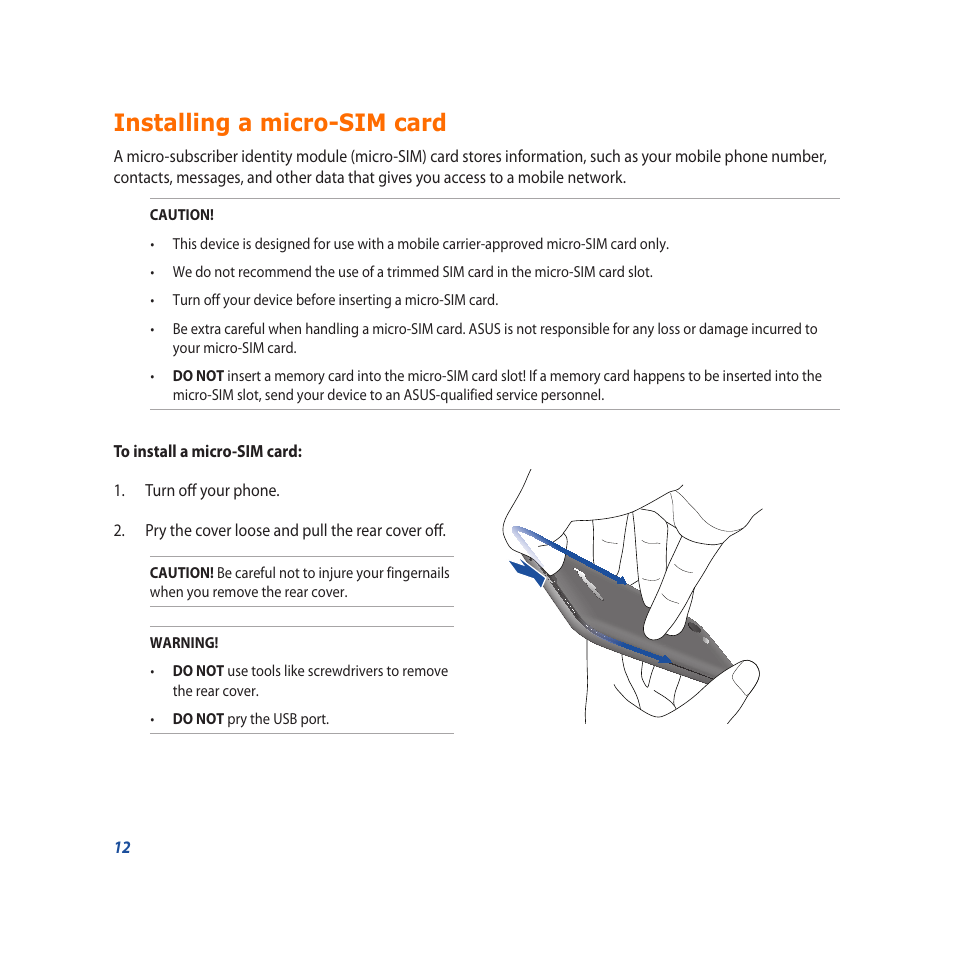 Installing a micro-sim card | Asus PadFone X User Manual | Page 12 / 62