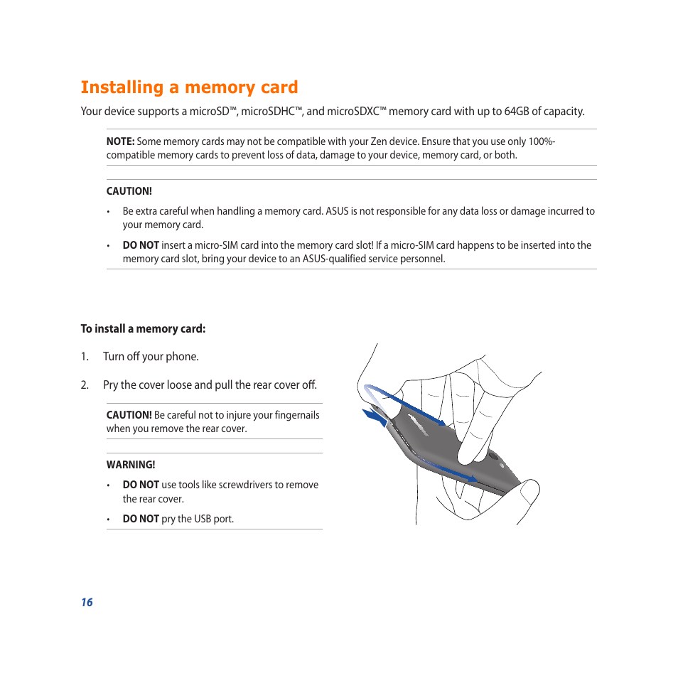 Installing a memory card | Asus PadFone X User Manual | Page 16 / 62