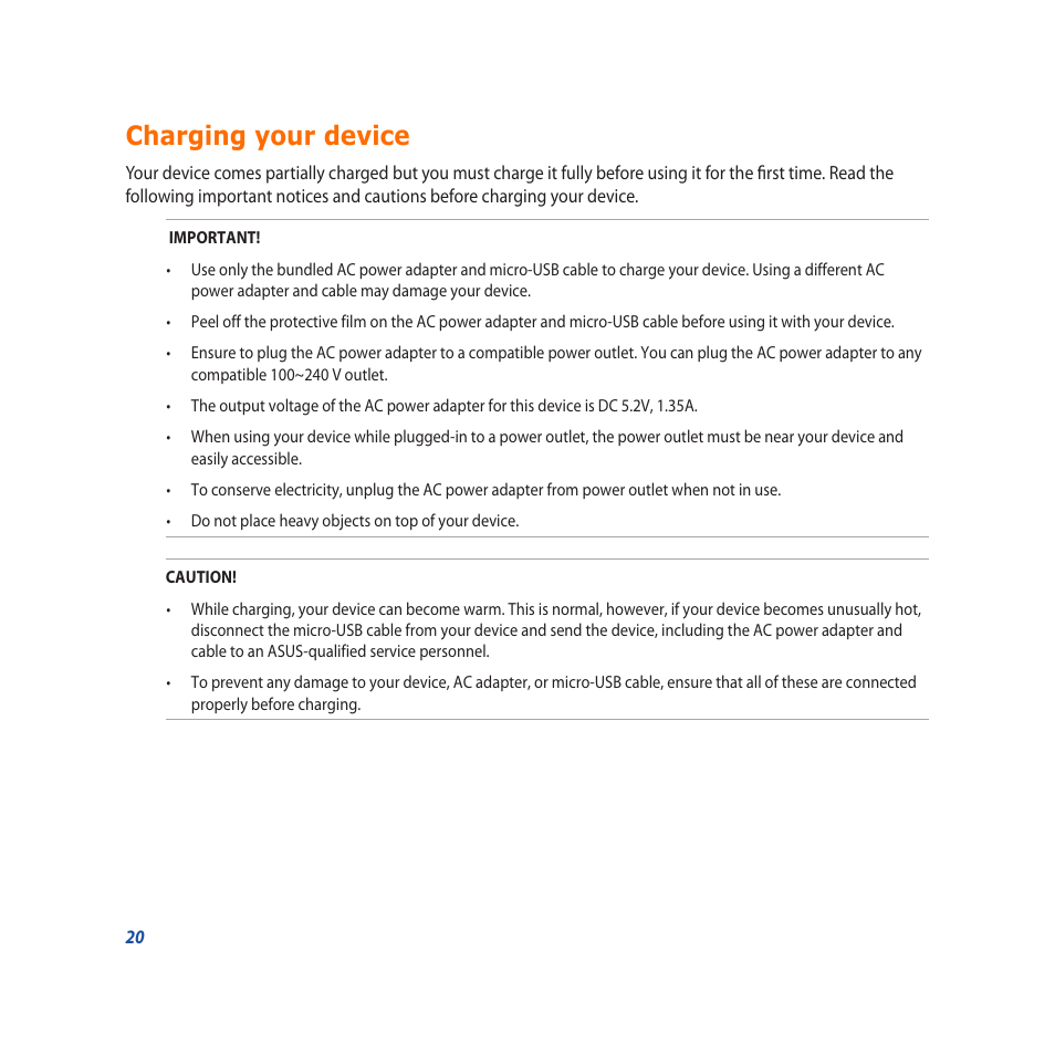 Charging your device | Asus PadFone X User Manual | Page 20 / 62