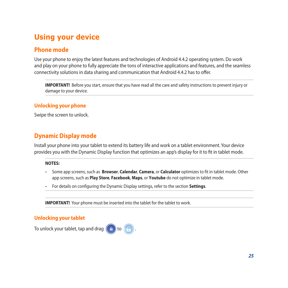 Using your device, Phone mode, Dynamic display mode | Phone mode dynamic display mode | Asus PadFone X User Manual | Page 25 / 62