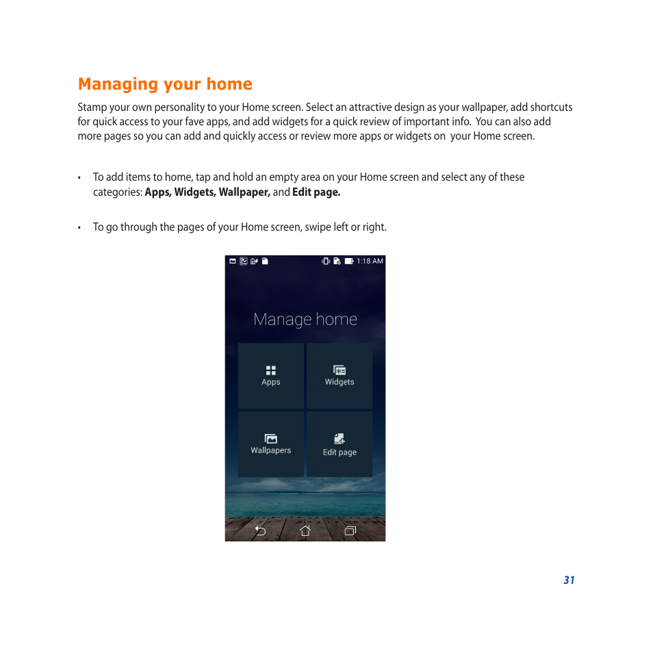 Managing your home | Asus PadFone X User Manual | Page 31 / 62