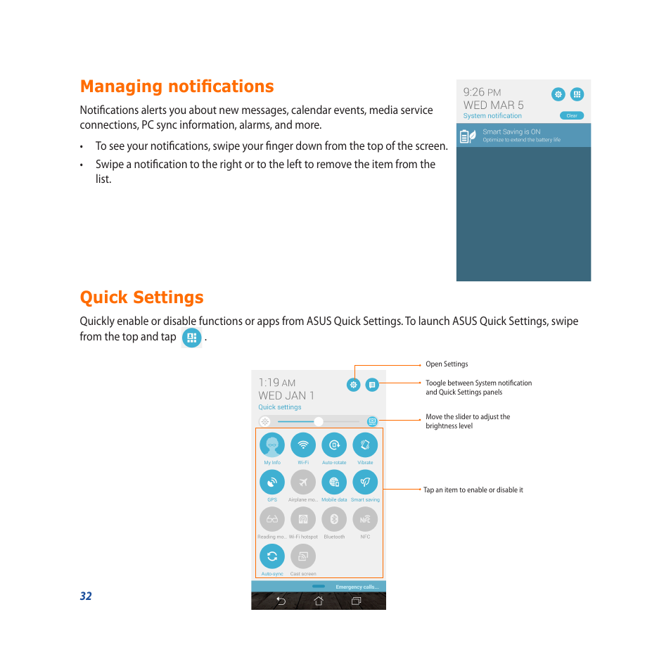 Managing notifications, Quick settings, Managing notifications quick settings | Asus PadFone X User Manual | Page 32 / 62