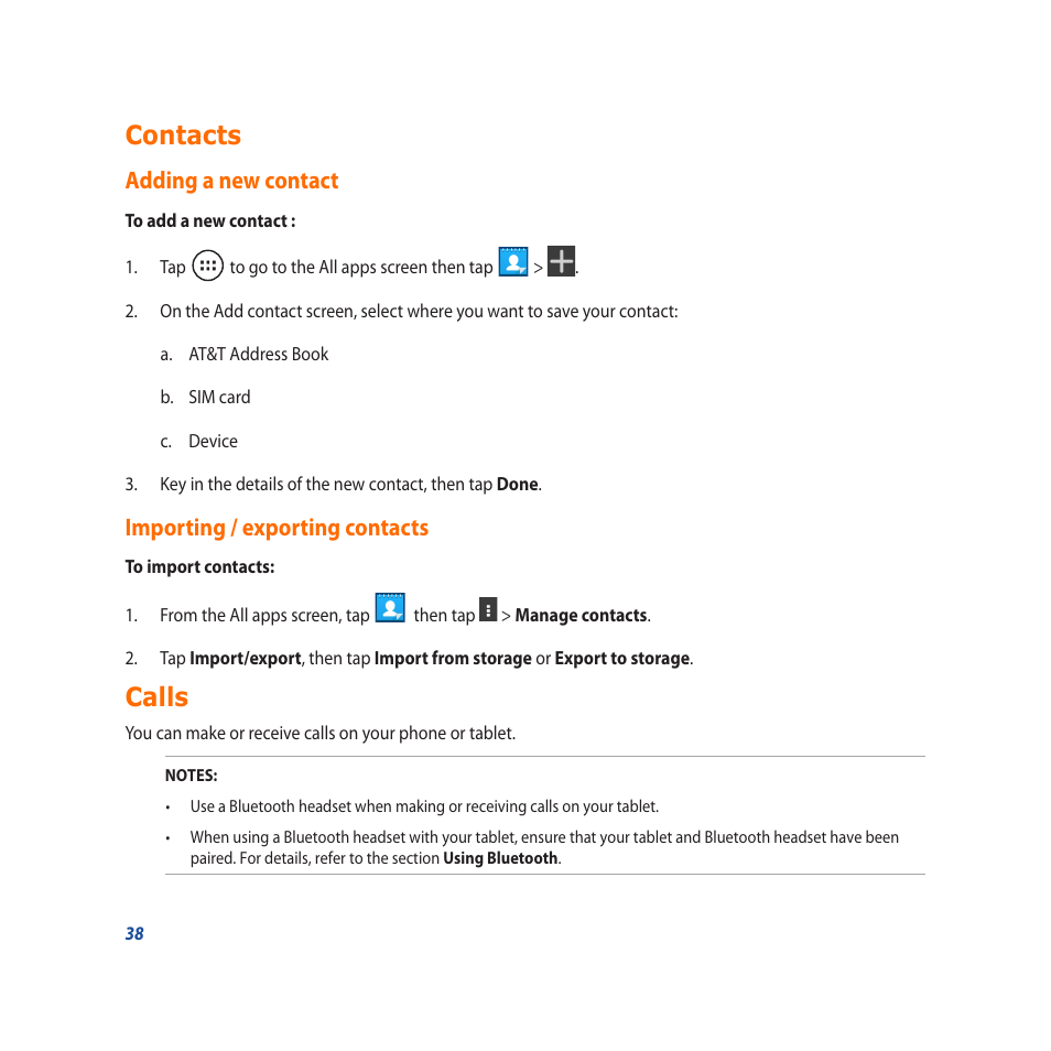 Contacts, Adding a new contact, Importing / exporting contacts | Calls | Asus PadFone X User Manual | Page 38 / 62