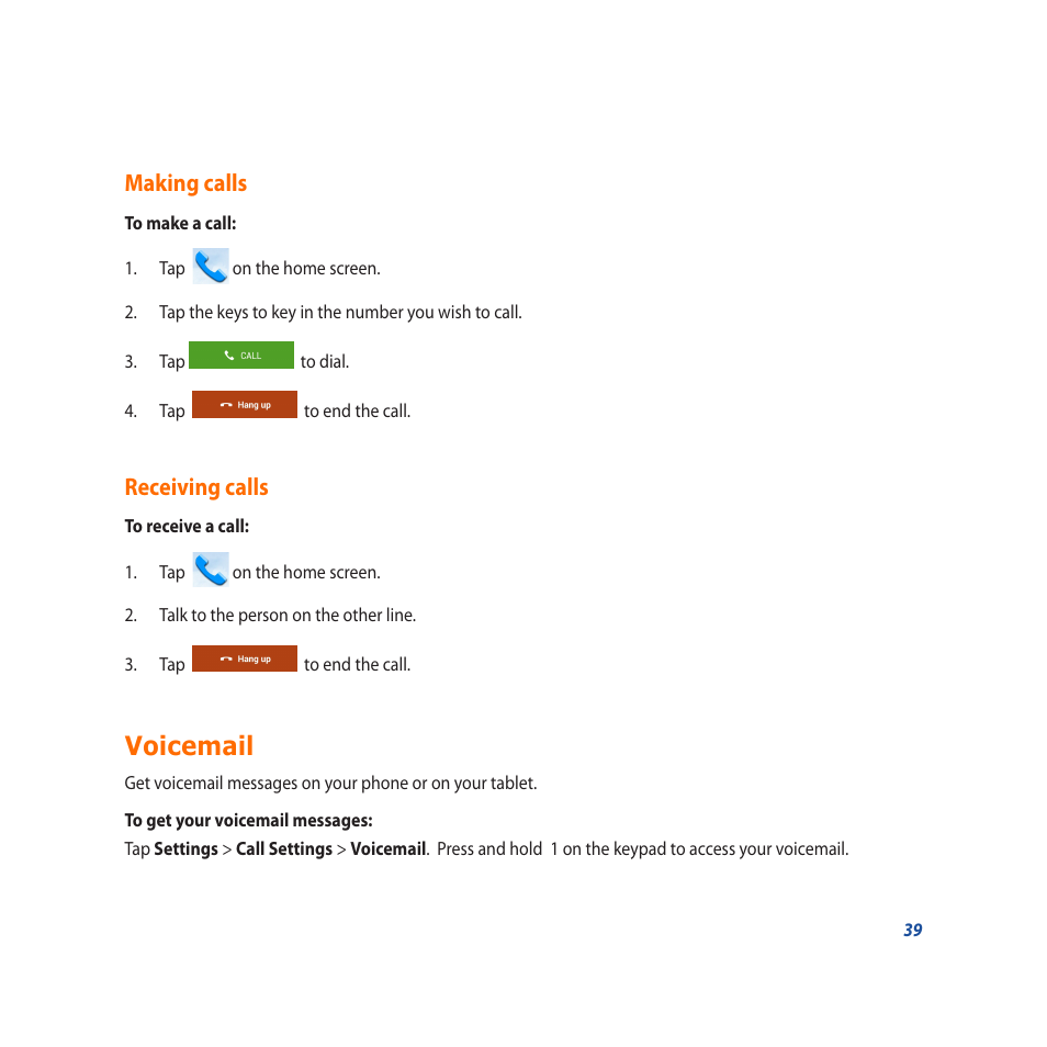 Making calls, Receiving calls, Voicemail | Making calls receiving calls | Asus PadFone X User Manual | Page 39 / 62