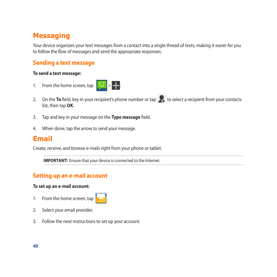Messaging, Sending a text message, Email | Setting up an e-mail account | Asus PadFone X User Manual | Page 40 / 62