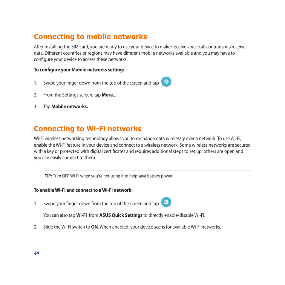 Connecting to mobile networks, Connecting to wi-fi networks | Asus PadFone X User Manual | Page 44 / 62