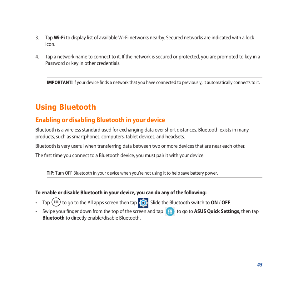 Using bluetooth, Enabling or disabling bluetooth in your device | Asus PadFone X User Manual | Page 45 / 62