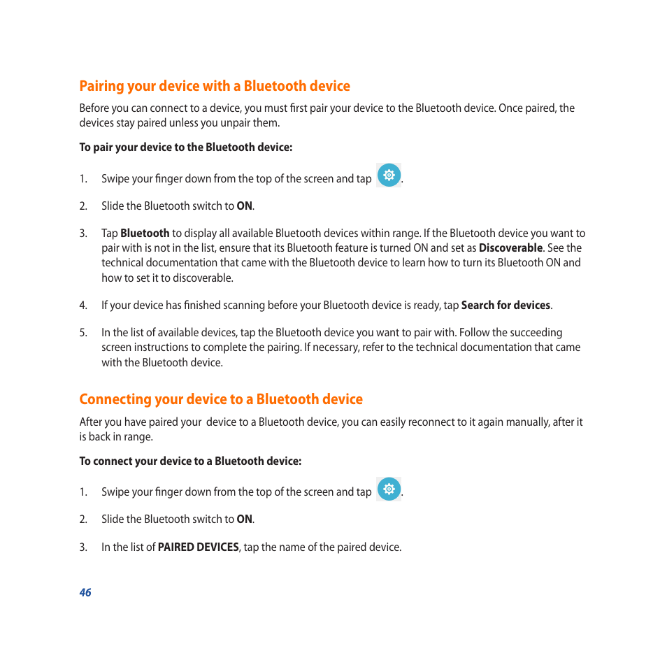 Pairing your device with a bluetooth device, Connecting your device to a bluetooth device | Asus PadFone X User Manual | Page 46 / 62