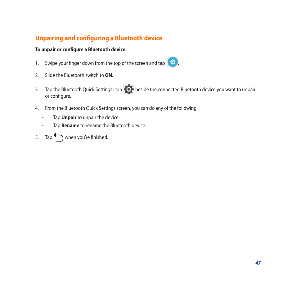 Unpairing and configuring a bluetooth device | Asus PadFone X User Manual | Page 47 / 62