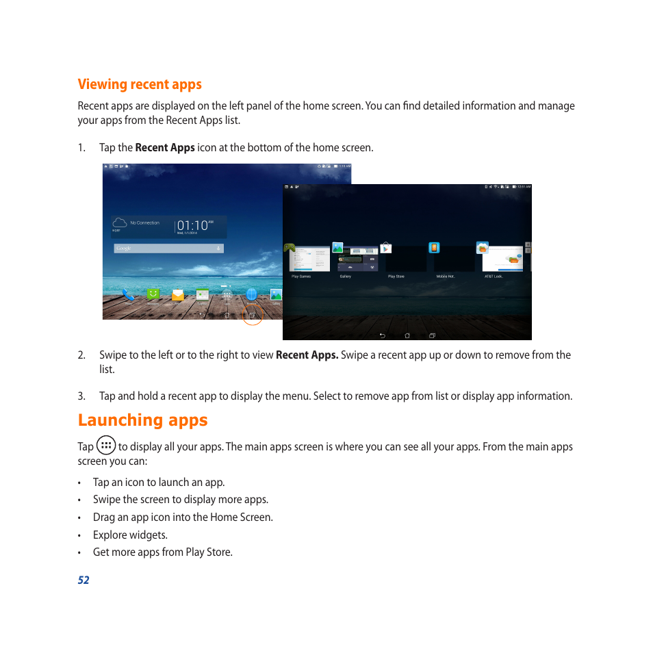 Viewing recent apps, Launching apps | Asus PadFone X User Manual | Page 52 / 62