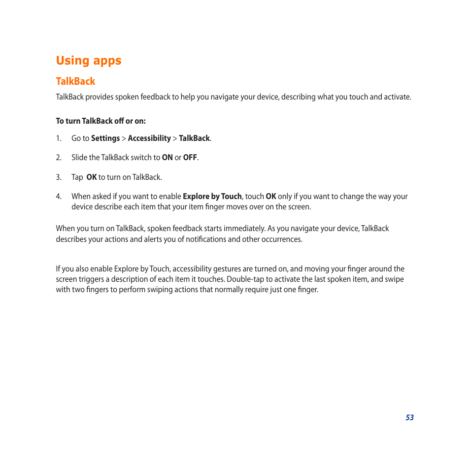 Using apps, Talkback | Asus PadFone X User Manual | Page 53 / 62