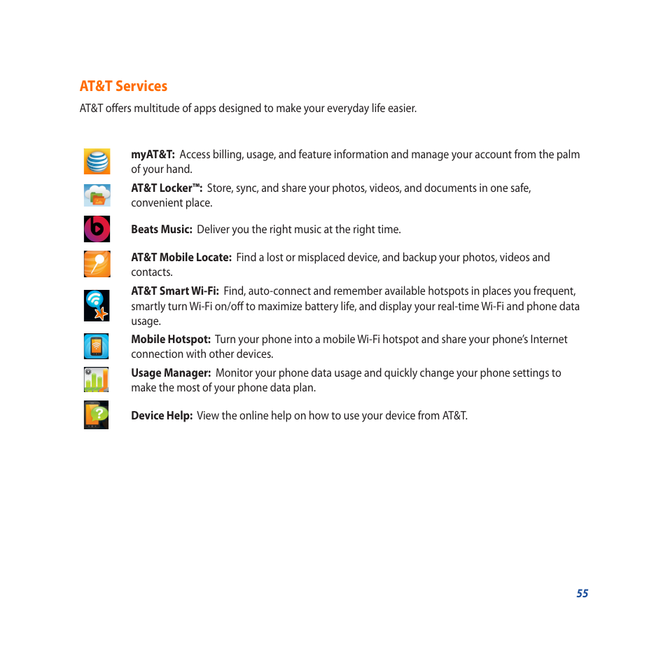 At&t services | Asus PadFone X User Manual | Page 55 / 62