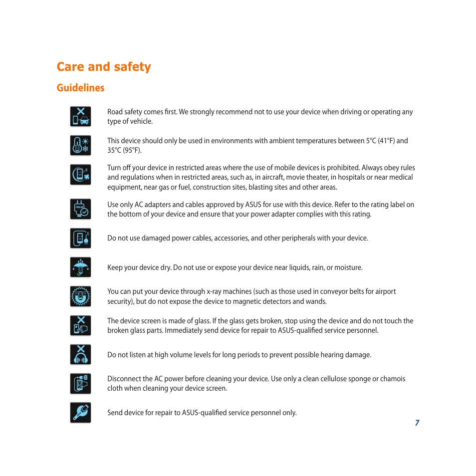 Care and safety, Guidelines | Asus PadFone X User Manual | Page 7 / 62