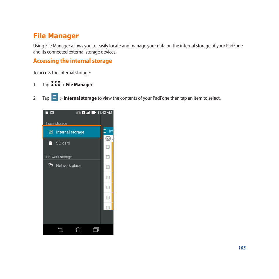 File manager, Accessing the internal storage | Asus Padfone X mini User Manual | Page 103 / 146