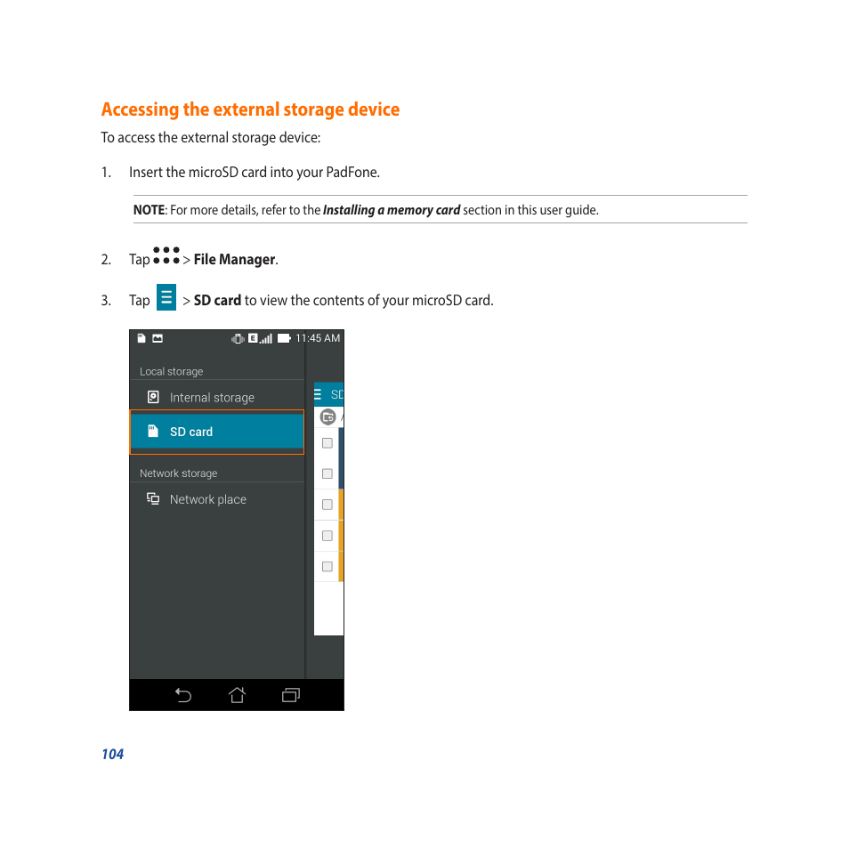 Accessing the external storage device | Asus Padfone X mini User Manual | Page 104 / 146