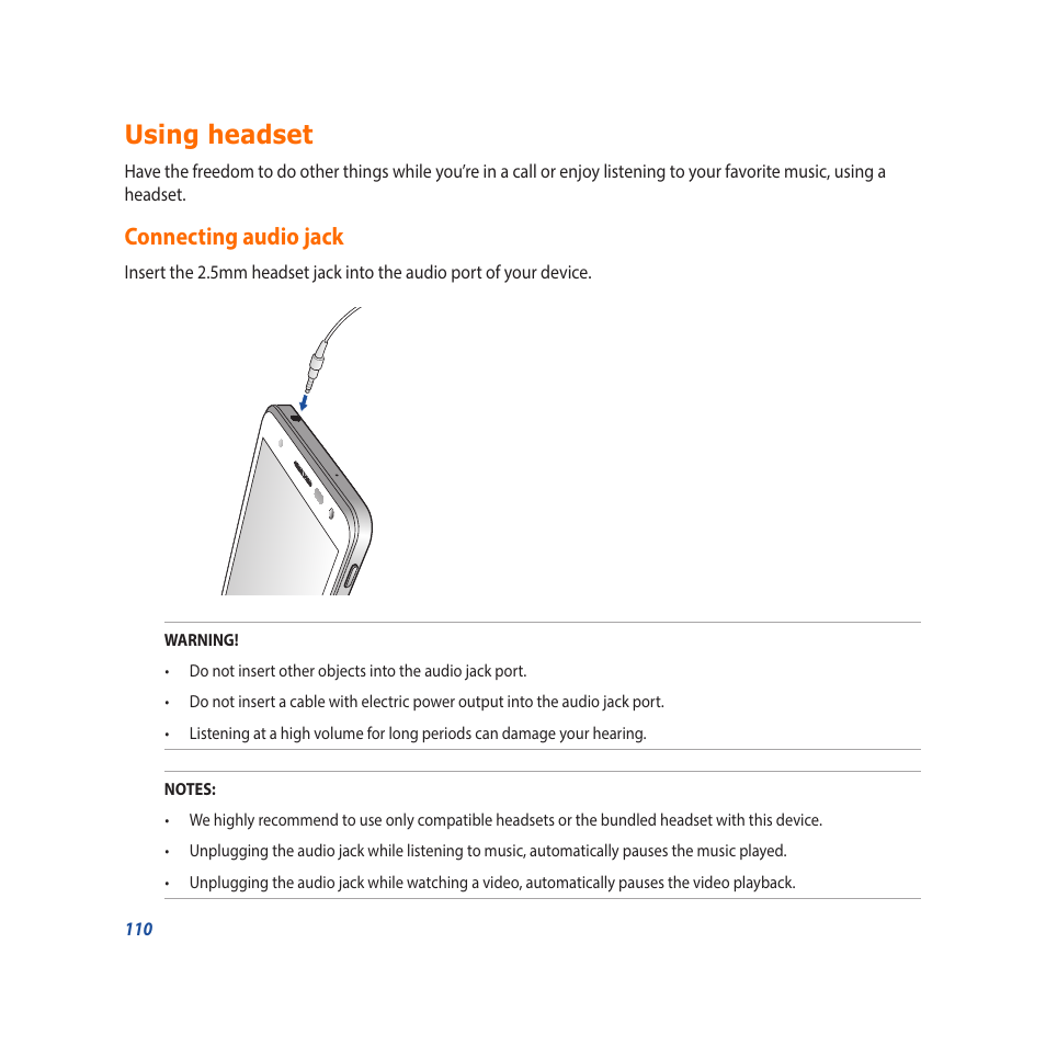 Using headset, Connecting audio jack | Asus Padfone X mini User Manual | Page 110 / 146