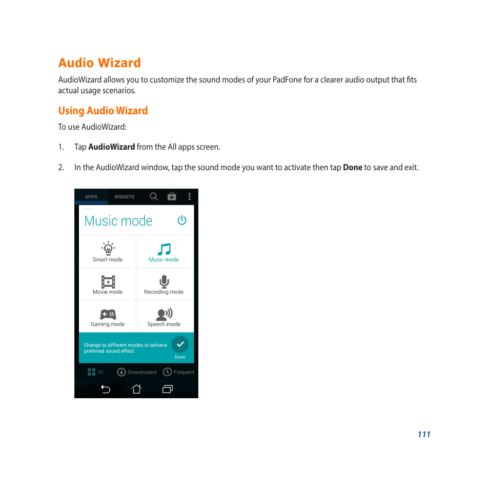 Audio wizard, Using audio wizard | Asus Padfone X mini User Manual | Page 111 / 146