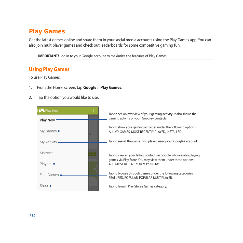 Play games, Using play games | Asus Padfone X mini User Manual | Page 112 / 146