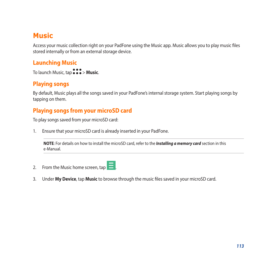 Music, Launching music, Playing songs | Playing songs from your microsd card, Playing songs playing songs from your microsd card | Asus Padfone X mini User Manual | Page 113 / 146