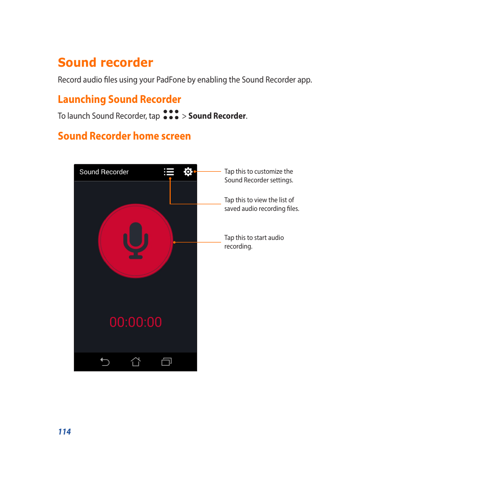 Sound recorder, Launching sound recorder, Sound recorder home screen | Asus Padfone X mini User Manual | Page 114 / 146