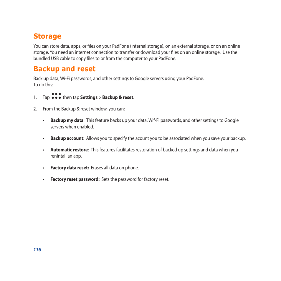 Storage, Backup and reset, Storage backup and reset | Asus Padfone X mini User Manual | Page 116 / 146