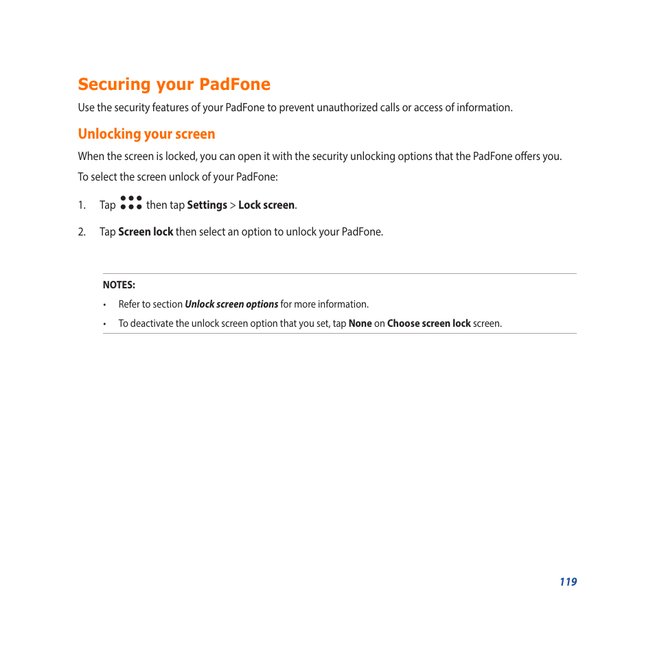 Securing your padfone, Unlocking your screen | Asus Padfone X mini User Manual | Page 119 / 146