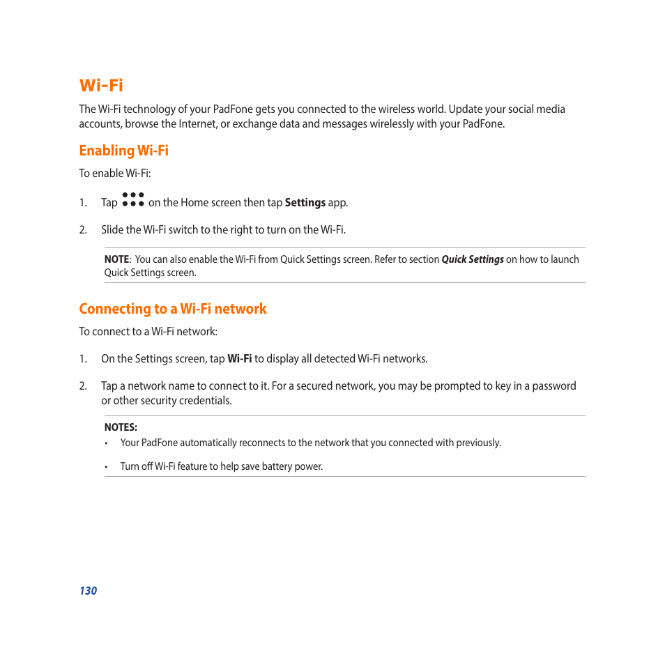 Wi-fi, Enabling wi-fi, Connecting to a wi-fi network | Enabling wi-fi connecting to a wi-fi network | Asus Padfone X mini User Manual | Page 130 / 146