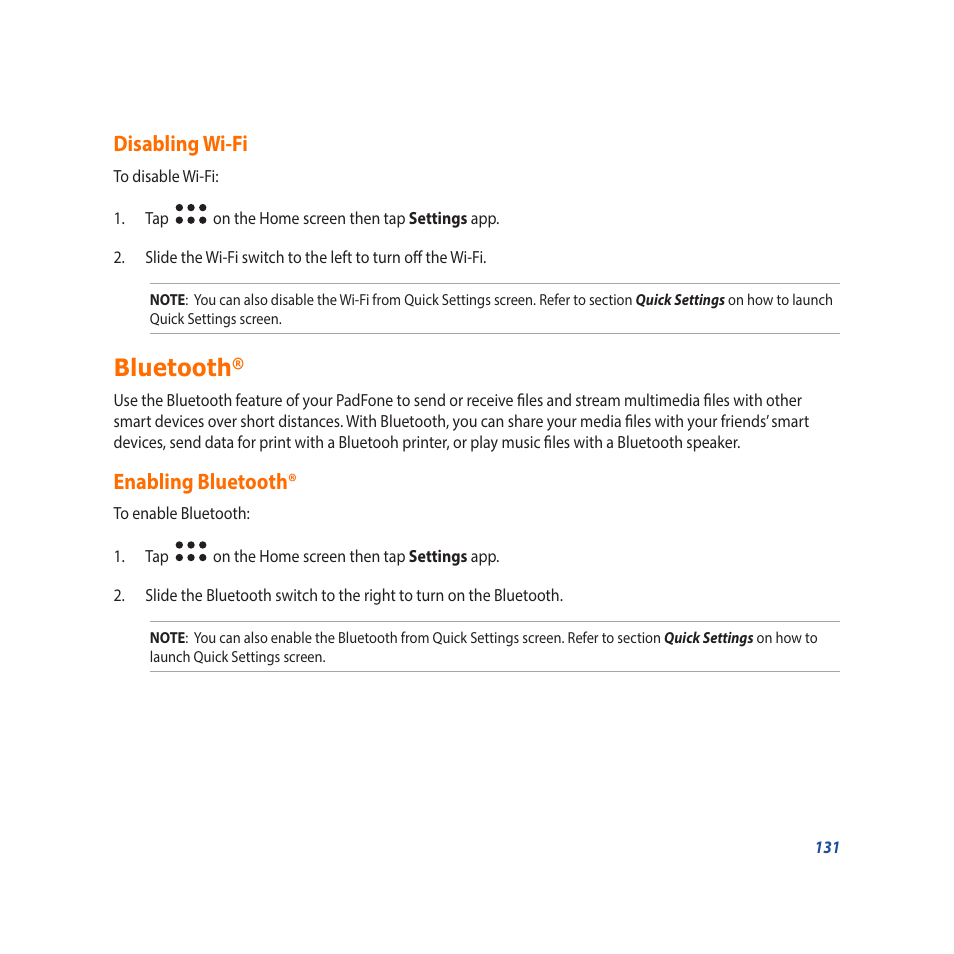 Disabling wi-fi, Bluetooth, Enabling bluetooth | Asus Padfone X mini User Manual | Page 131 / 146