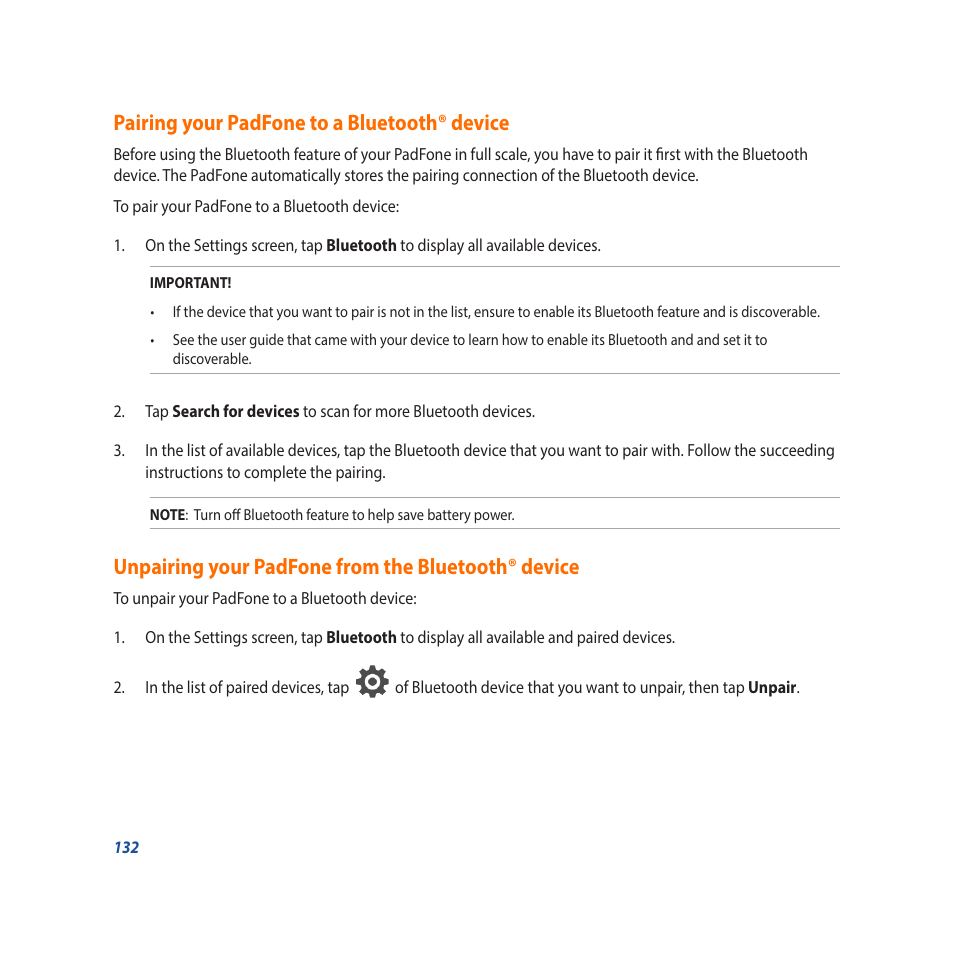 Pairing your padfone to a bluetooth® device, Unpairing your padfone from the bluetooth® device | Asus Padfone X mini User Manual | Page 132 / 146