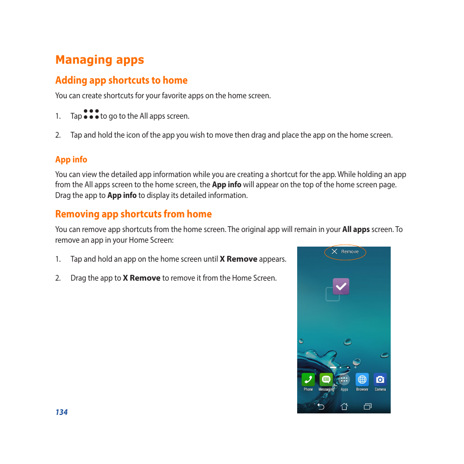 Managing apps, Adding app shortcuts to home, Removing app shortcuts from home | Asus Padfone X mini User Manual | Page 134 / 146