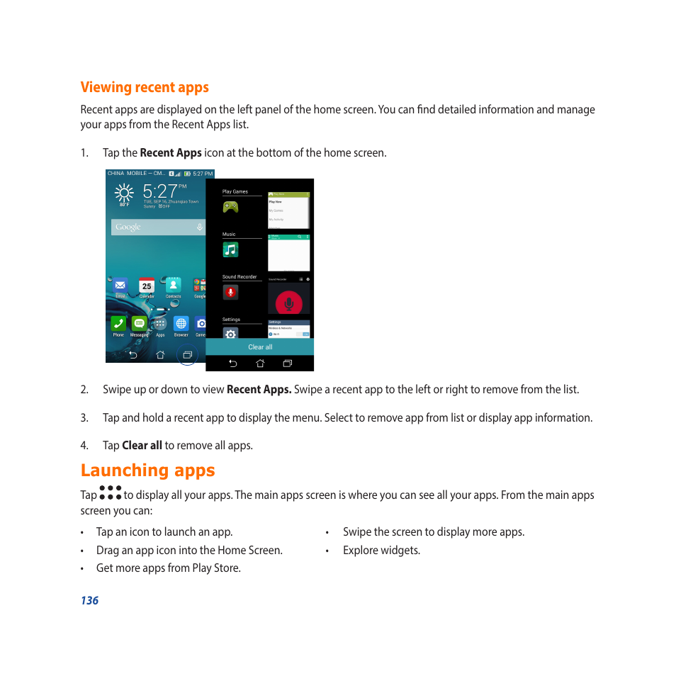 Viewing recent apps, Launching apps | Asus Padfone X mini User Manual | Page 136 / 146