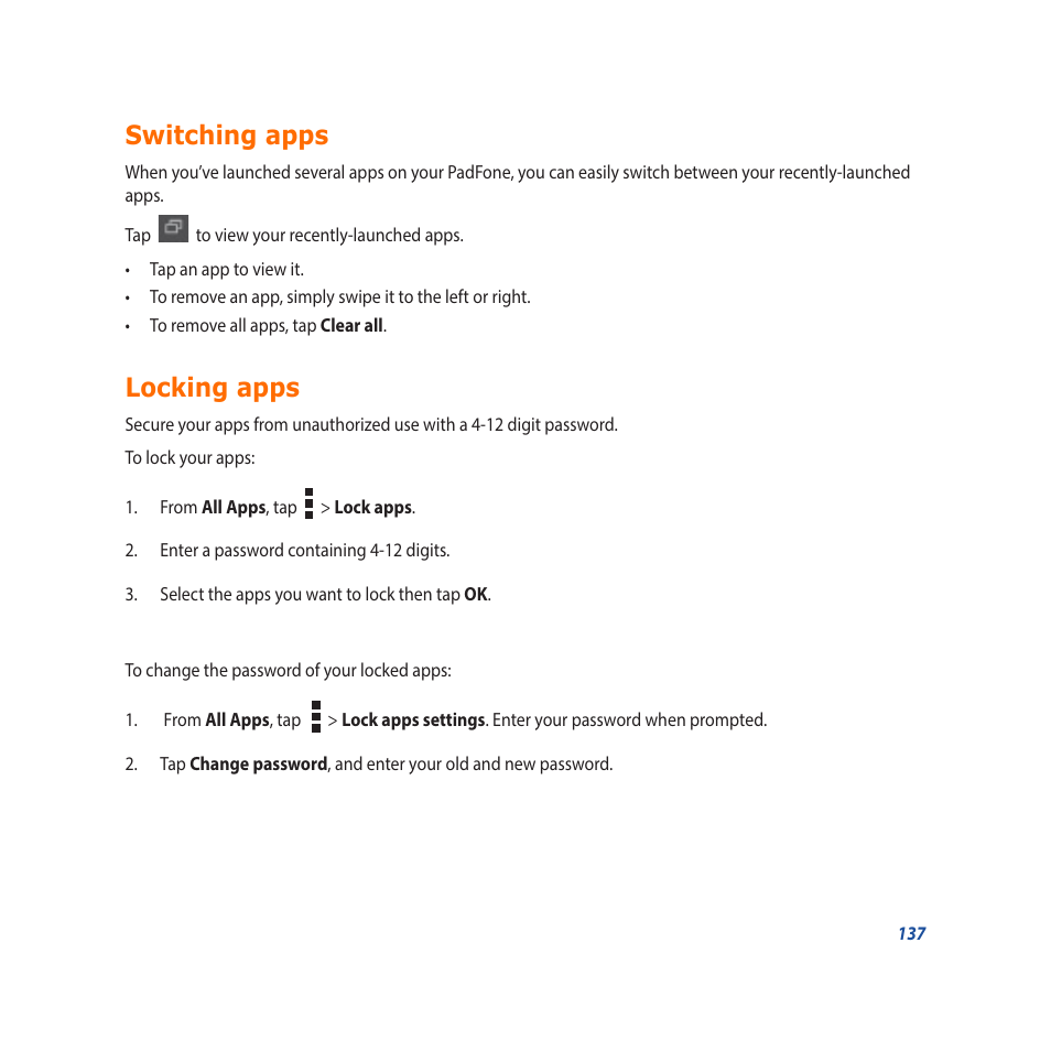 Switching apps, Locking apps, Switching apps locking apps | Asus Padfone X mini User Manual | Page 137 / 146