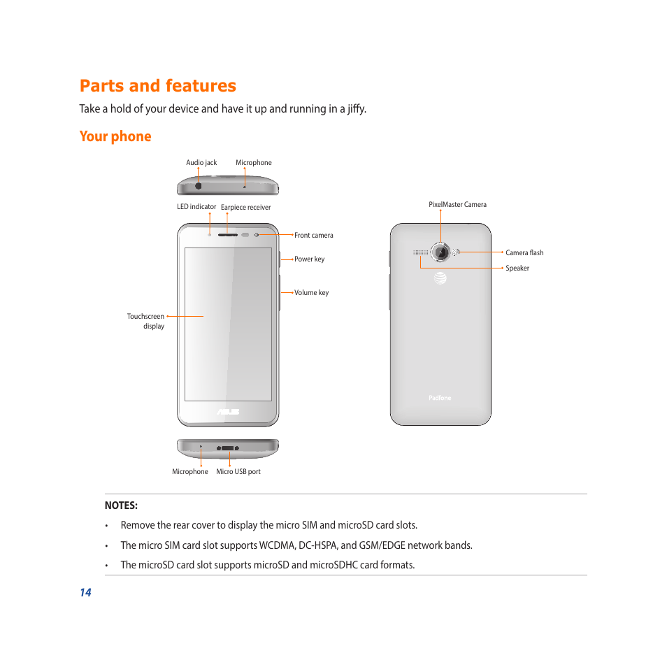 Parts and features, Your phone | Asus Padfone X mini User Manual | Page 14 / 146