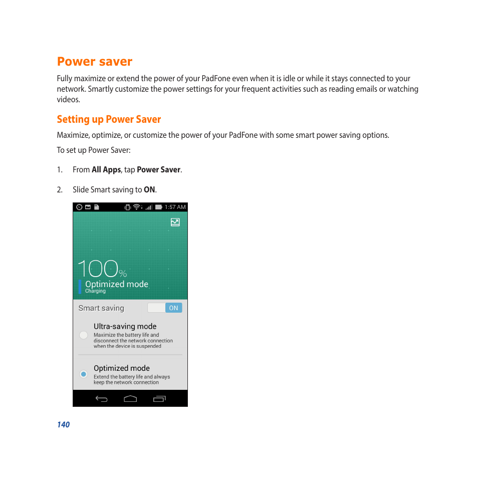 Power saver, Setting up power saver | Asus Padfone X mini User Manual | Page 140 / 146