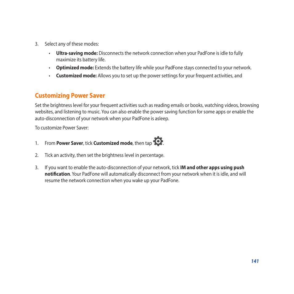 Customizing power saver | Asus Padfone X mini User Manual | Page 141 / 146