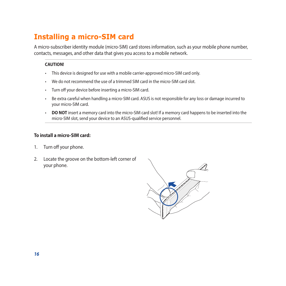 Installing a micro-sim card | Asus Padfone X mini User Manual | Page 16 / 146