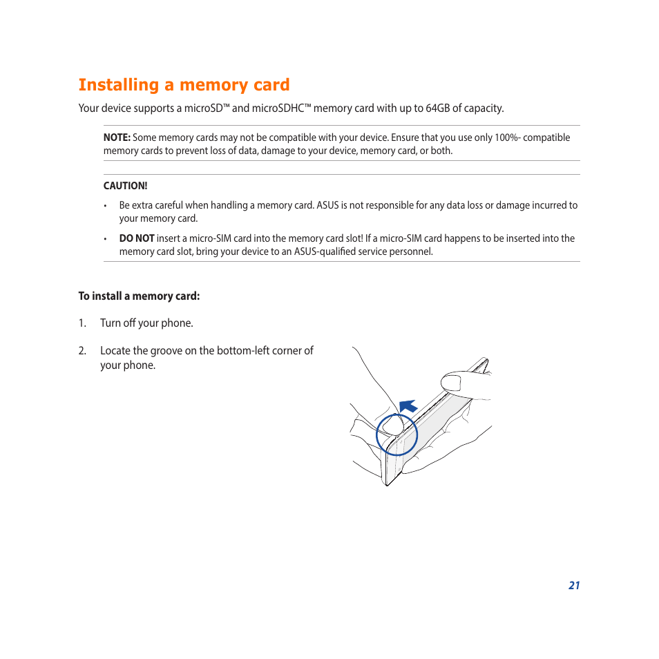 Installing a memory card | Asus Padfone X mini User Manual | Page 21 / 146