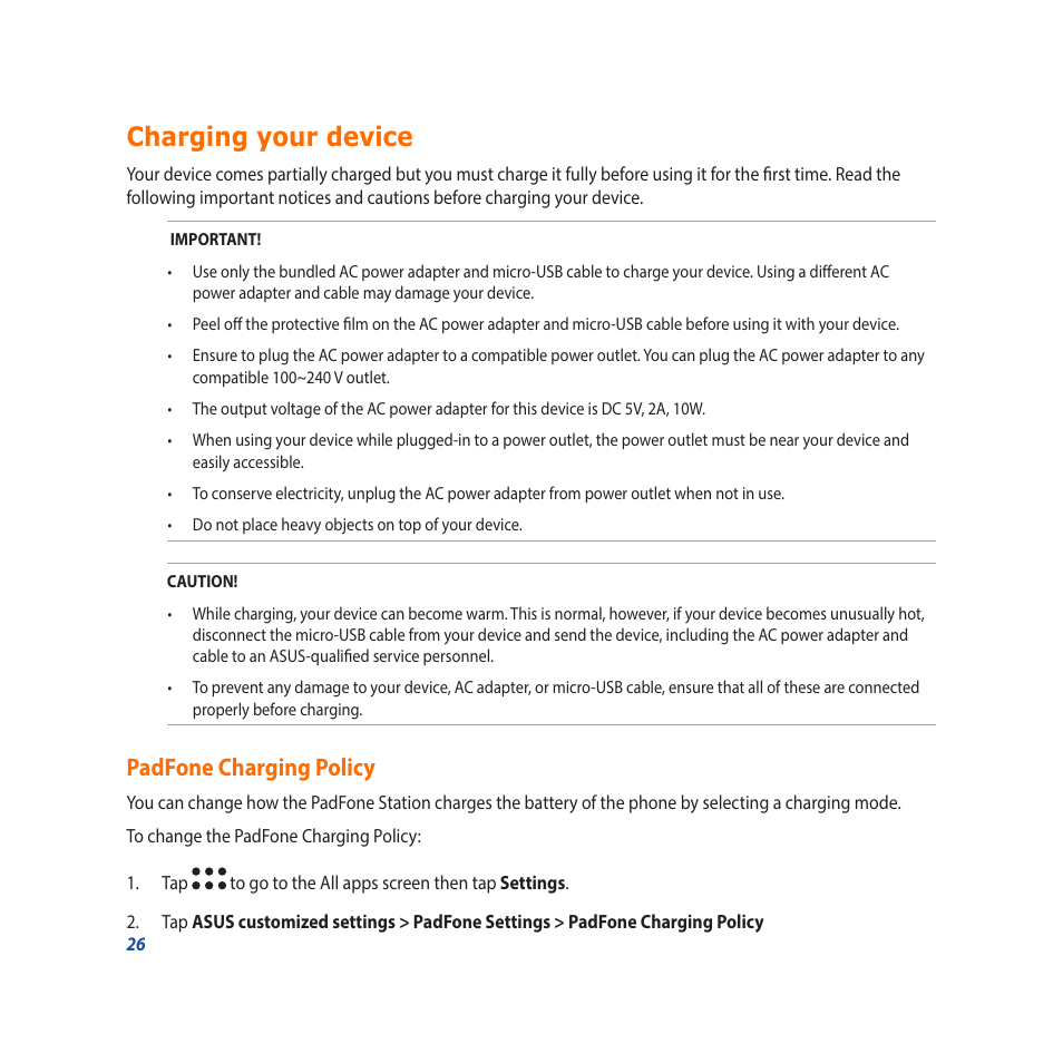 Charging your device, Padfone charging policy | Asus Padfone X mini User Manual | Page 26 / 146